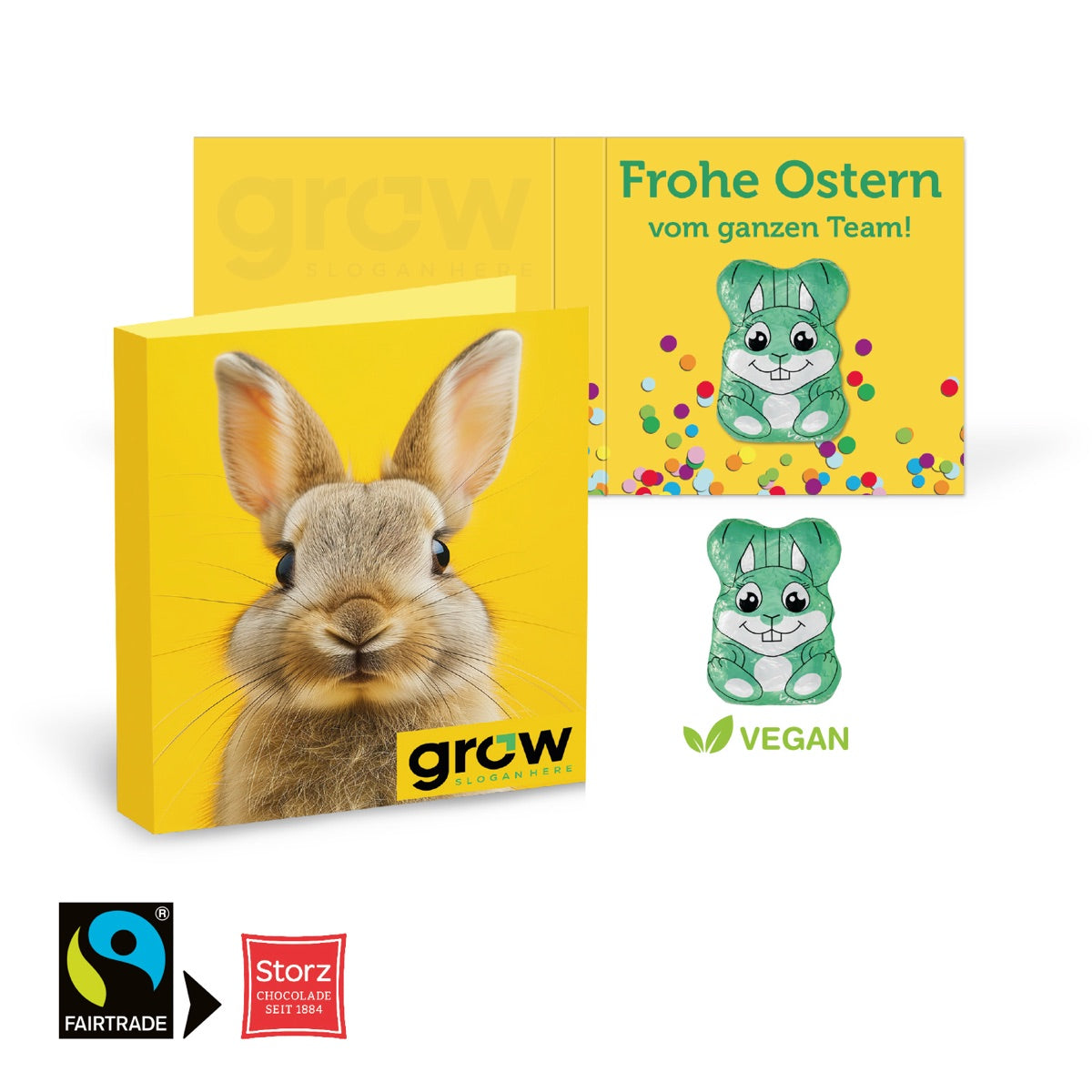 Bedruckte Klappkarte zu Ostern mit Werbefläche für Logo und Gruß