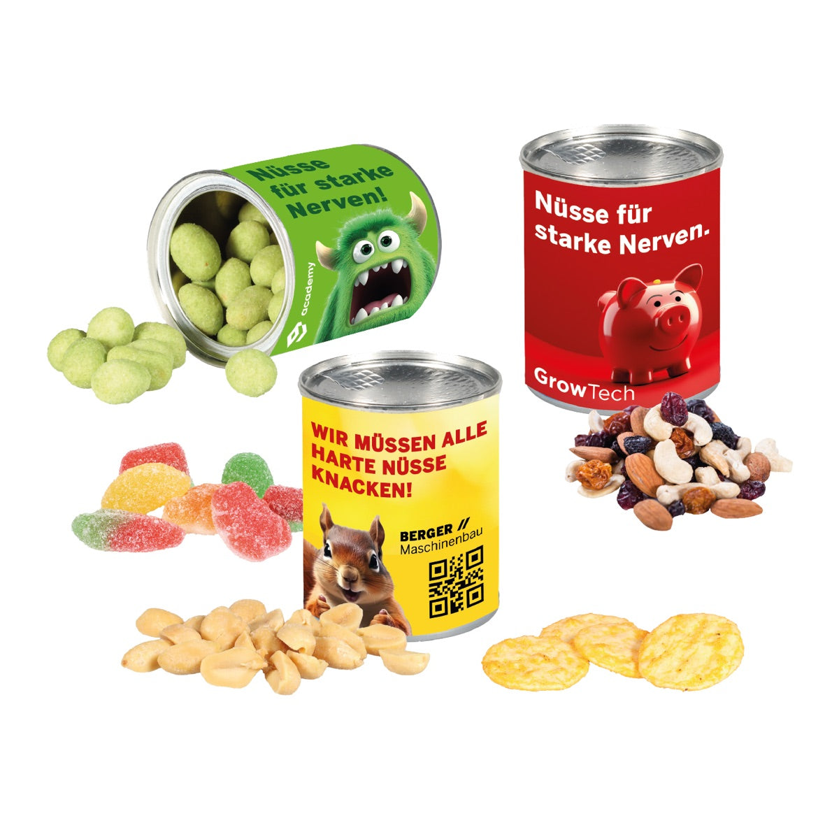Runde Snack Dose mit umlaufender bedruckter Werbebanderole
