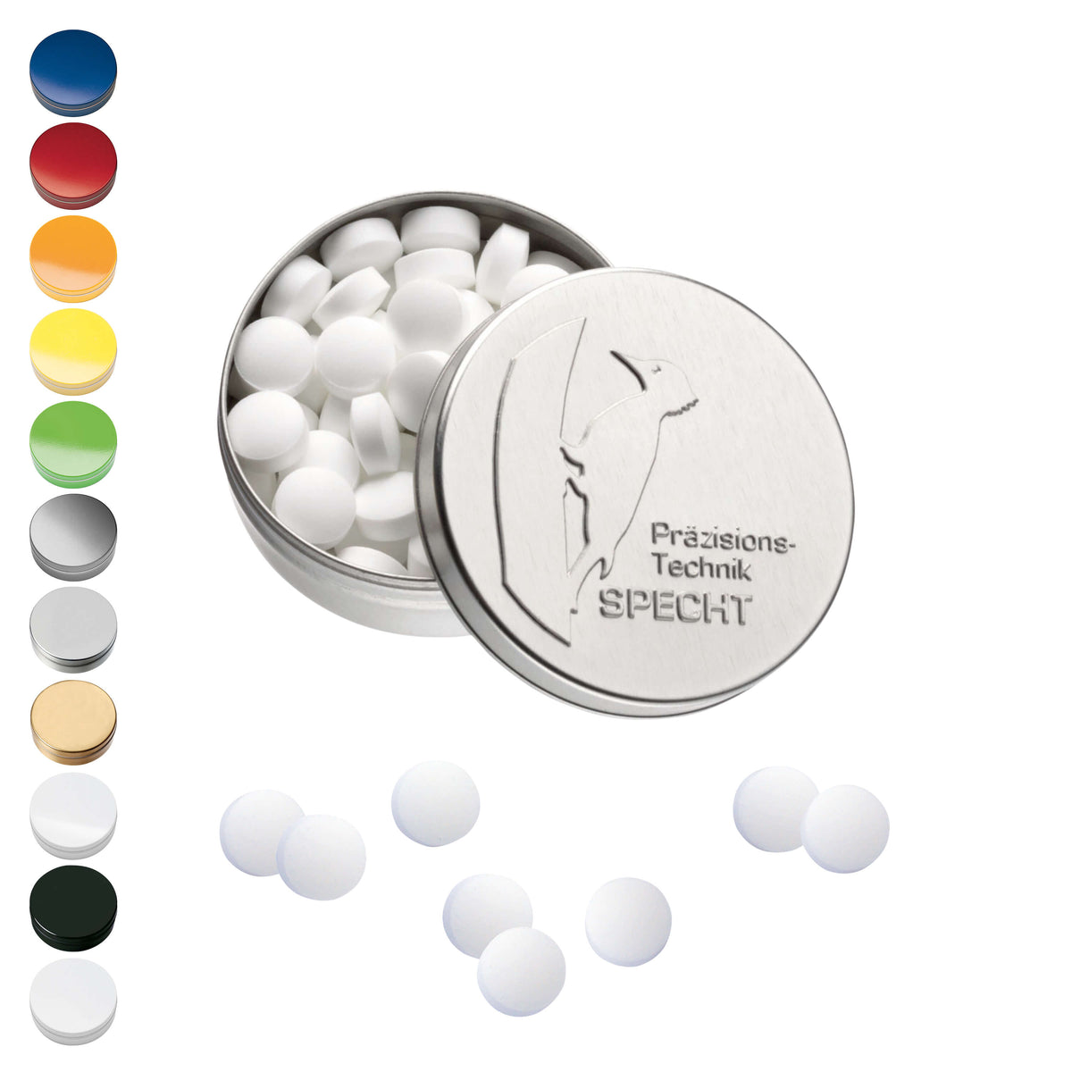 XS Prägedose mit Minzfüllung und Logo auf dem Deckel