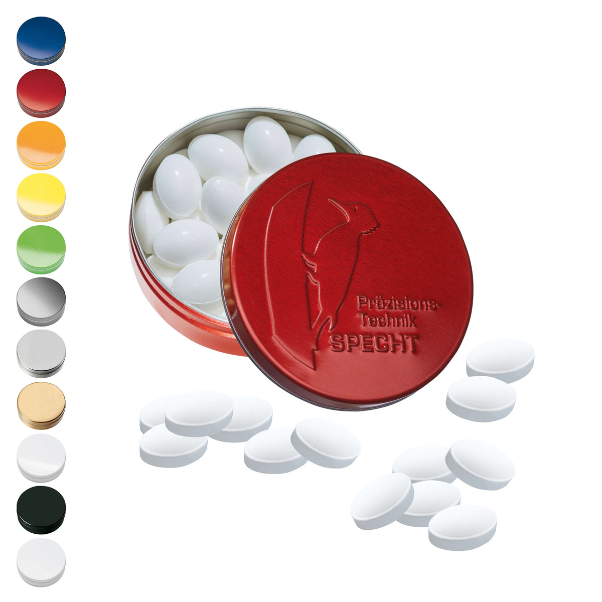 XS Prägedose geöffnet mit Pfefferminzpastillen
