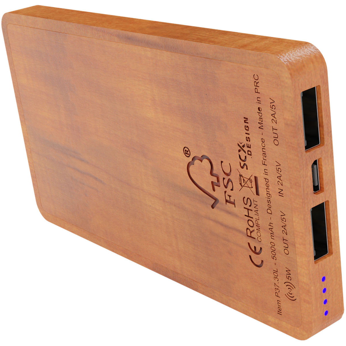 SCX.design P37 5000 mAh kabellose Powerbank aus Holz mit Leuchtlogo – Holz