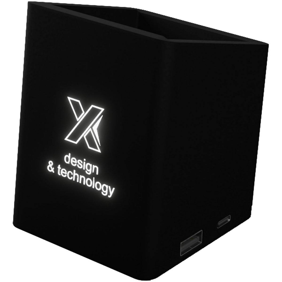 SCX.design O11 antibakterieller Stifthalter mit doppeltem USB Ausgang und Leuchtlogo – Schwarz