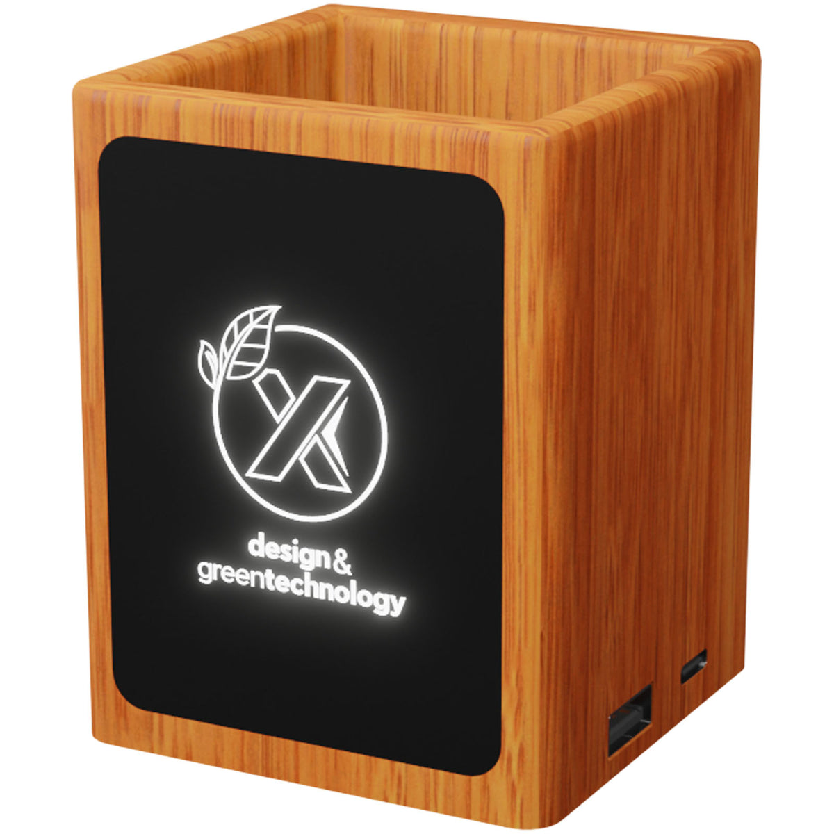 SCX.design O12 Stifthalter aus Holz mit doppeltem USB Ausgang und Leuchtlogo – Holz