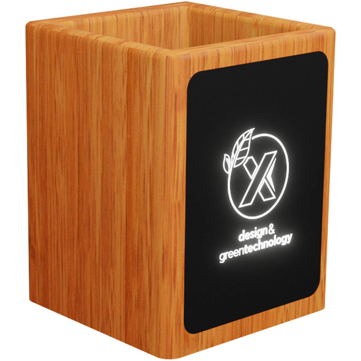 SCX.design O12 Stifthalter aus Holz mit doppeltem USB Ausgang und Leuchtlogo – Holz
