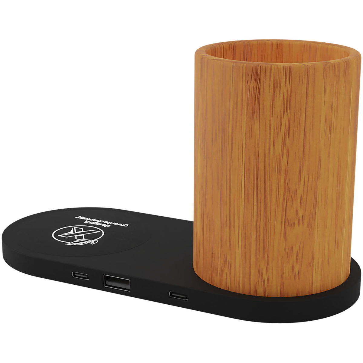 SCX.design W17 kabelloses 10W Ladepad mit Bambus Stifthalter und Leuchtlogo – Holz / Schwarz