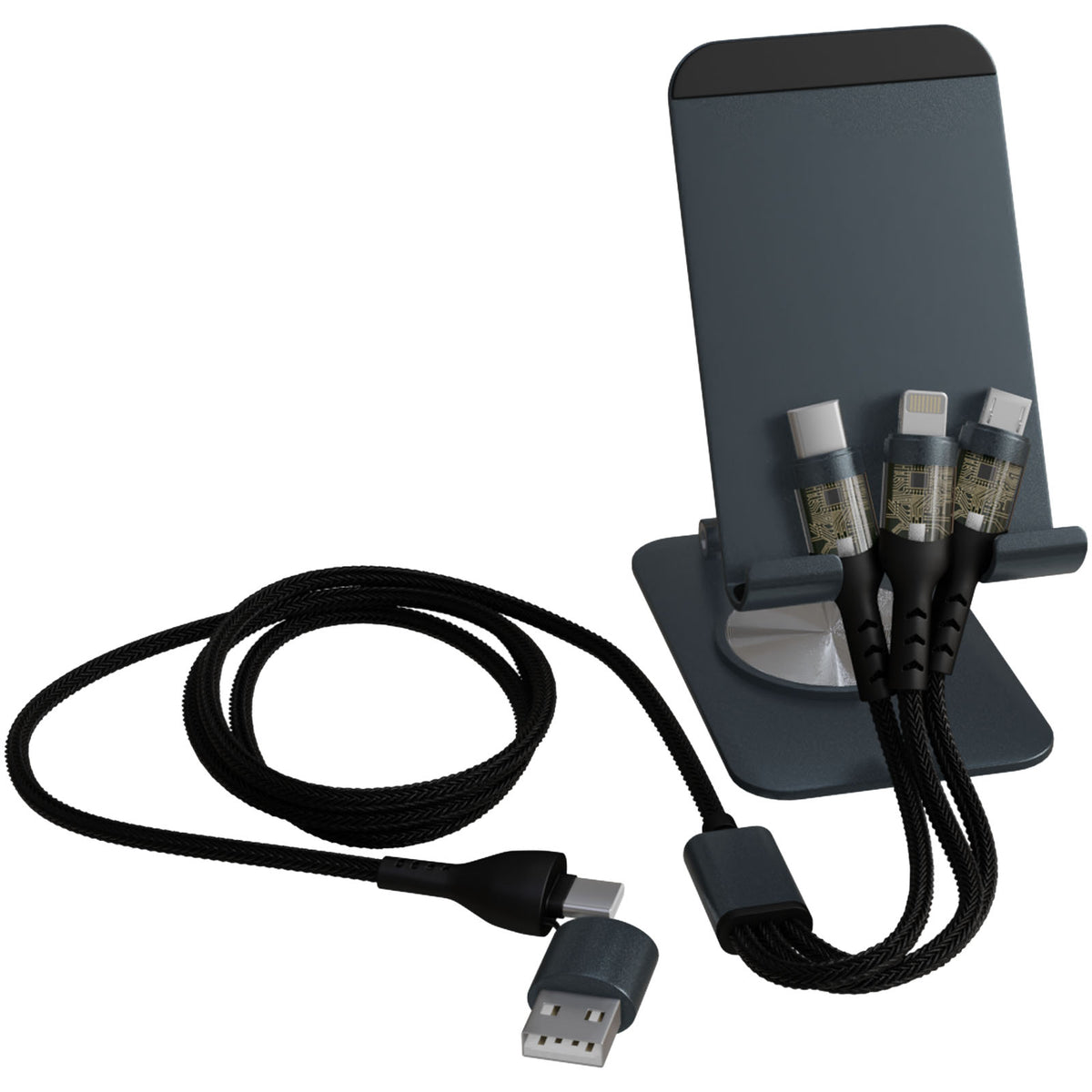 SCX.design O32 faltbare Telefonladestation mit 3 in 1 Ladekabel – Gun metal