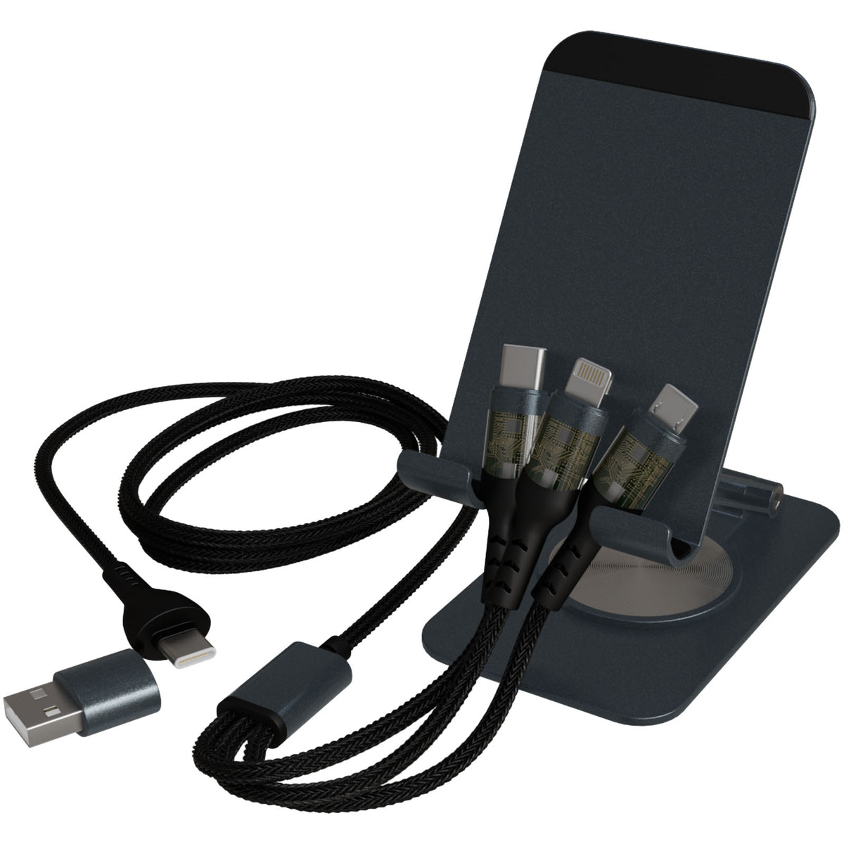 SCX.design O32 faltbare Telefonladestation mit 3 in 1 Ladekabel – Gun metal