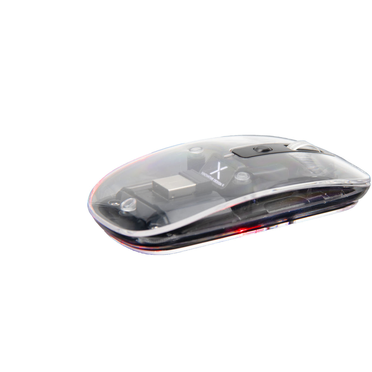 SCX.design O24 transparente wireless multimode 2.4 Ghz Bluetooth® Maus mit Leuchtlogo – Transparent klar