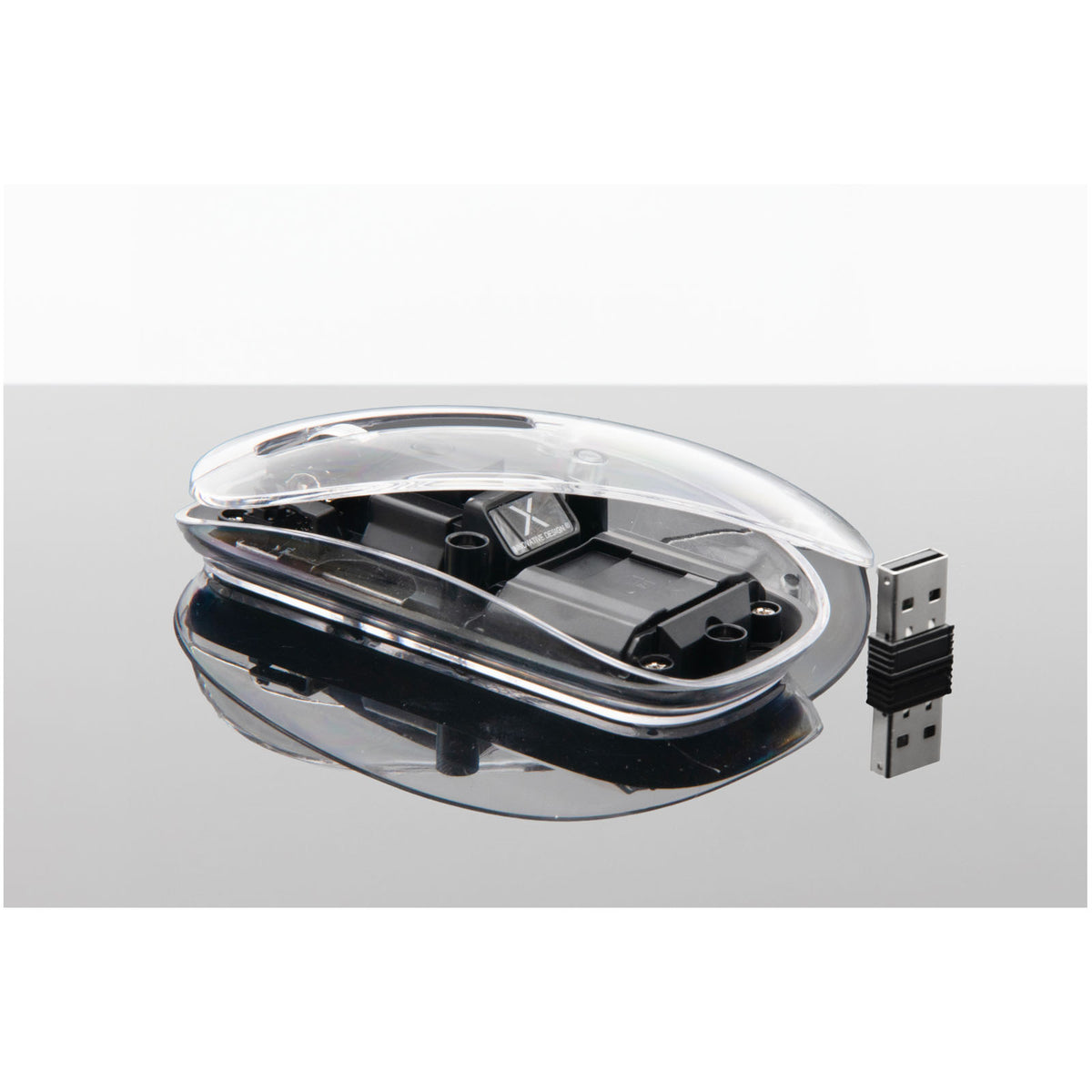 SCX.design O24 transparente wireless multimode 2.4 Ghz Bluetooth® Maus mit Leuchtlogo – Transparent klar