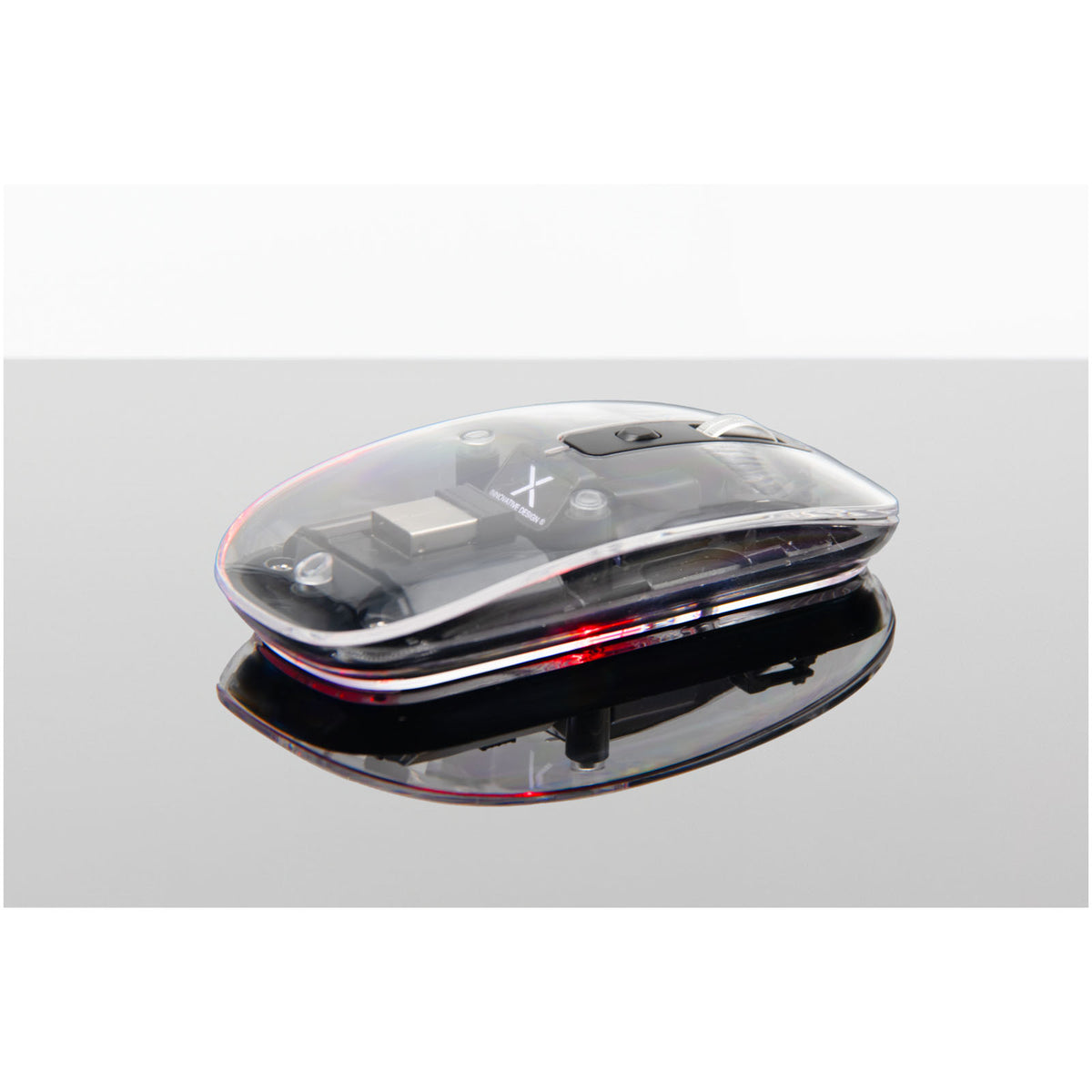 SCX.design O24 transparente wireless multimode 2.4 Ghz Bluetooth® Maus mit Leuchtlogo – Transparent klar