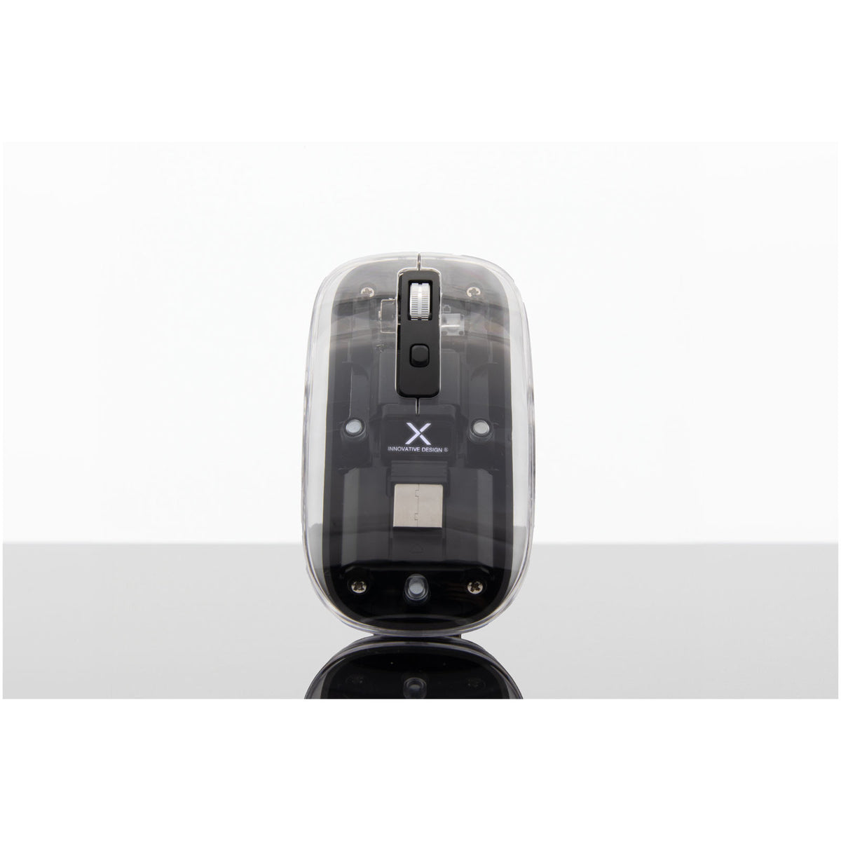 SCX.design O24 transparente wireless multimode 2.4 Ghz Bluetooth® Maus mit Leuchtlogo – Transparent klar
