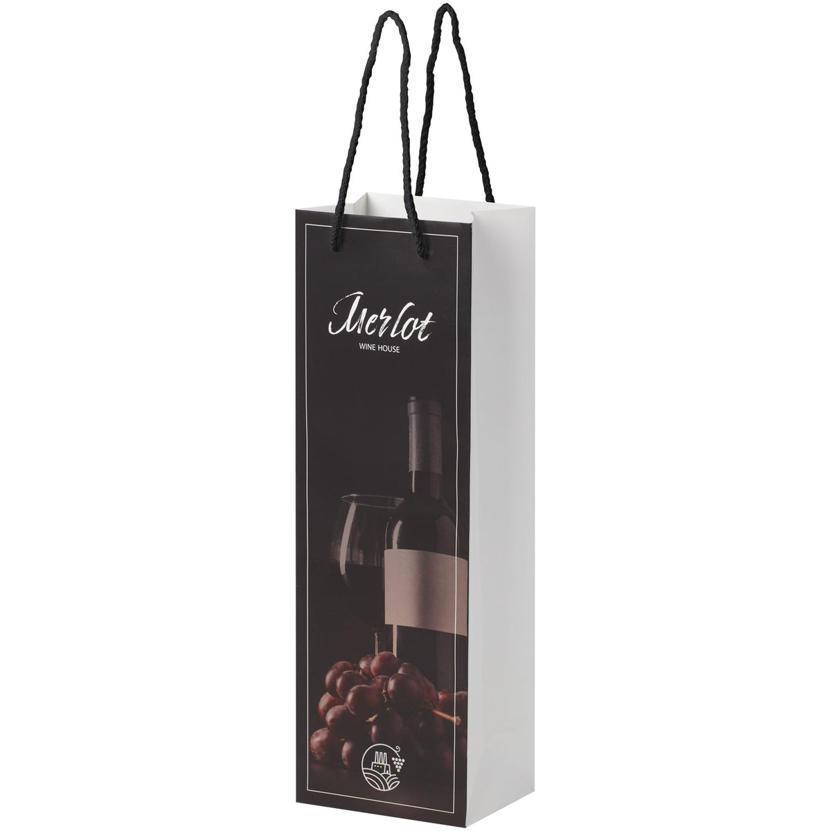 Handgefertigte 170 g/m² Weinflaschentüte aus Integra Papier mit Kunststoff Kordelgriffen, 12 × 9 × 37 cm – Weiss / Schwarz