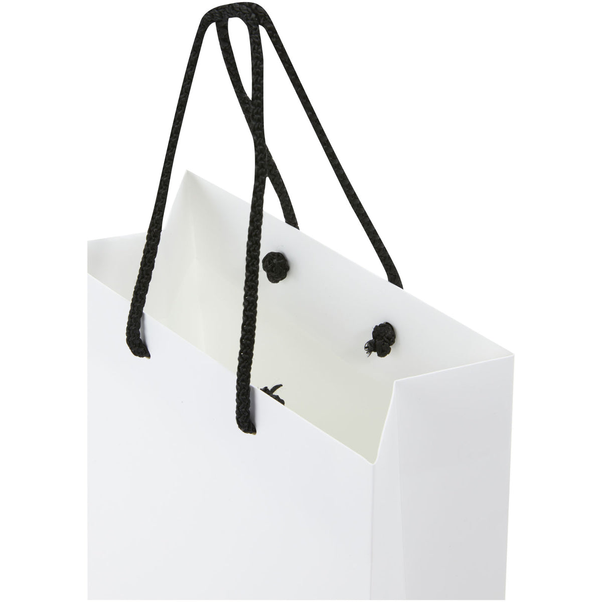 Handgefertigte 170 g/m² Integra Papiertüte mit Kunststoff Kordelgriffen, 18 × 9 × 23 cm – Weiss / Schwarz