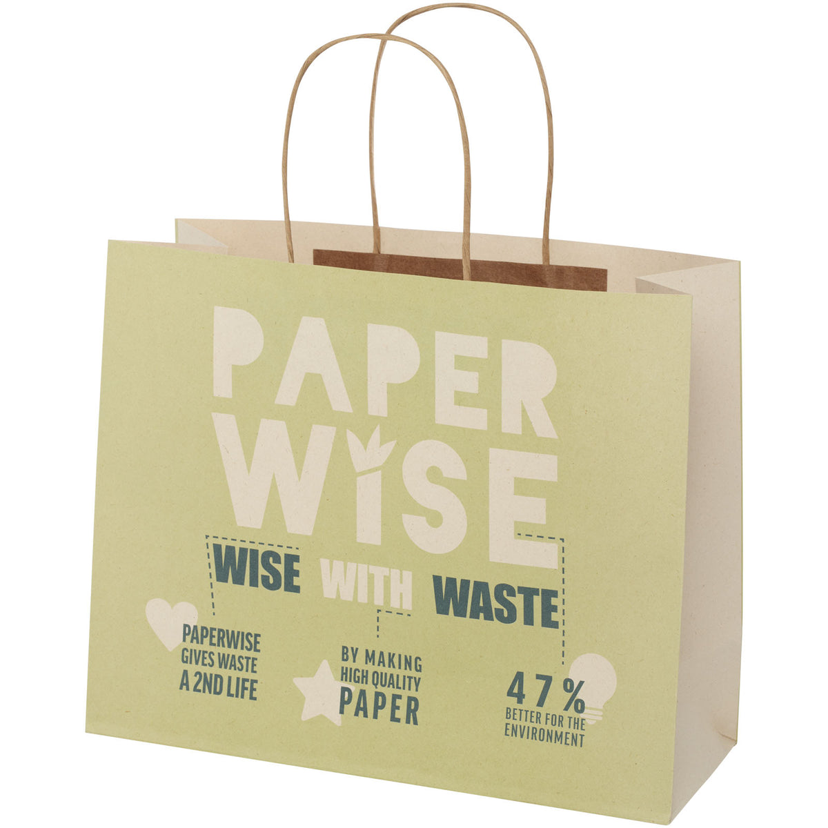 Papiertüte 150 /m² aus landwirtschaftlichen Reststoffen mit gedrehten Griffen, 31 × 12 × 25 cm – Offwhite