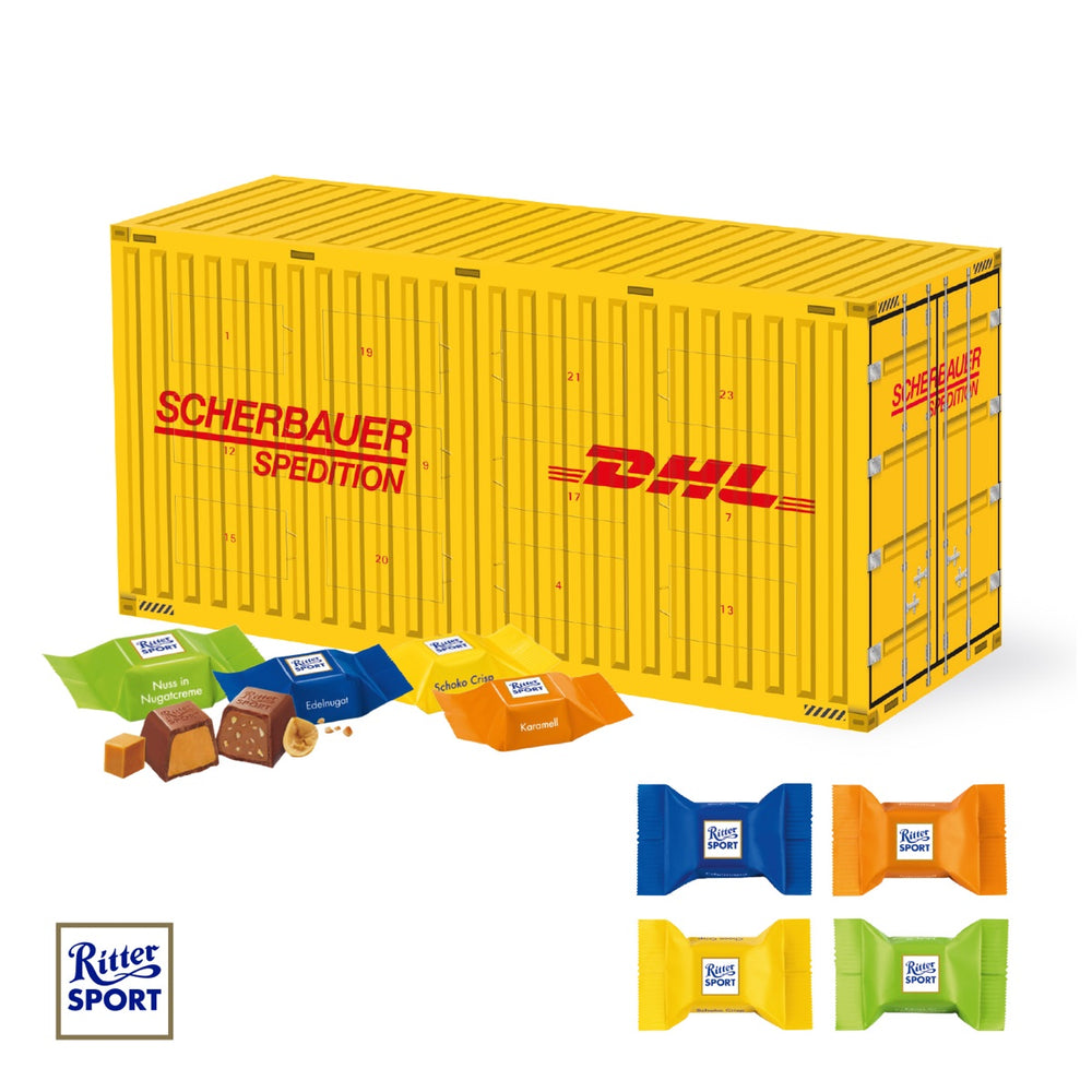 Adventskalender bedrucken: 3D Adventskalender Container mit Ritter SPORT Schokowürfel rundum in deinem Design
