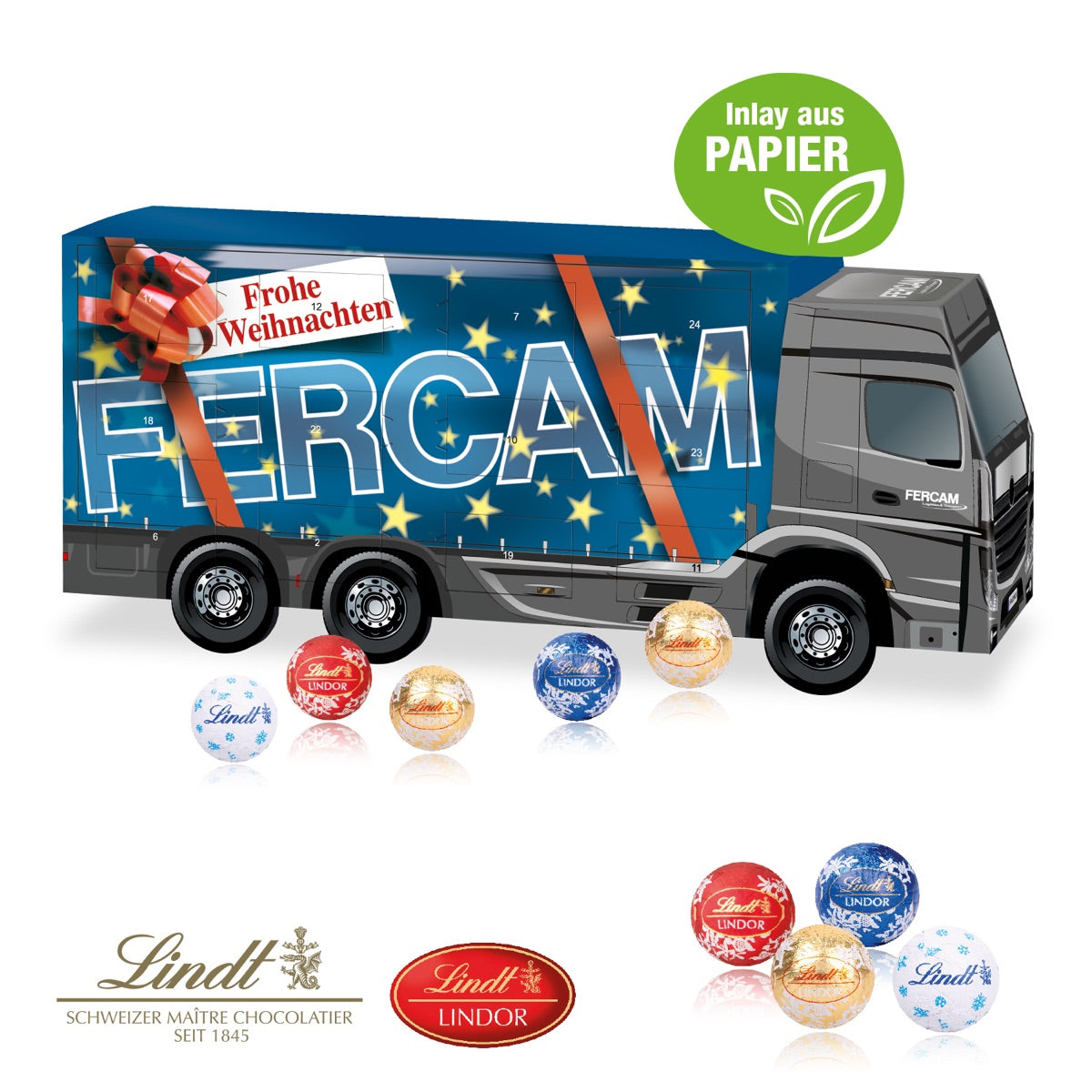 Bedruckter Adventskalender in LKW Form mit langer Werbefläche
