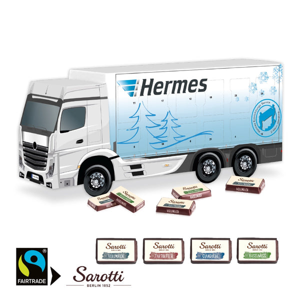 3D Adventskalender LKW mit Sarotti Fairtrade Schokolade mit Logo bedrucken