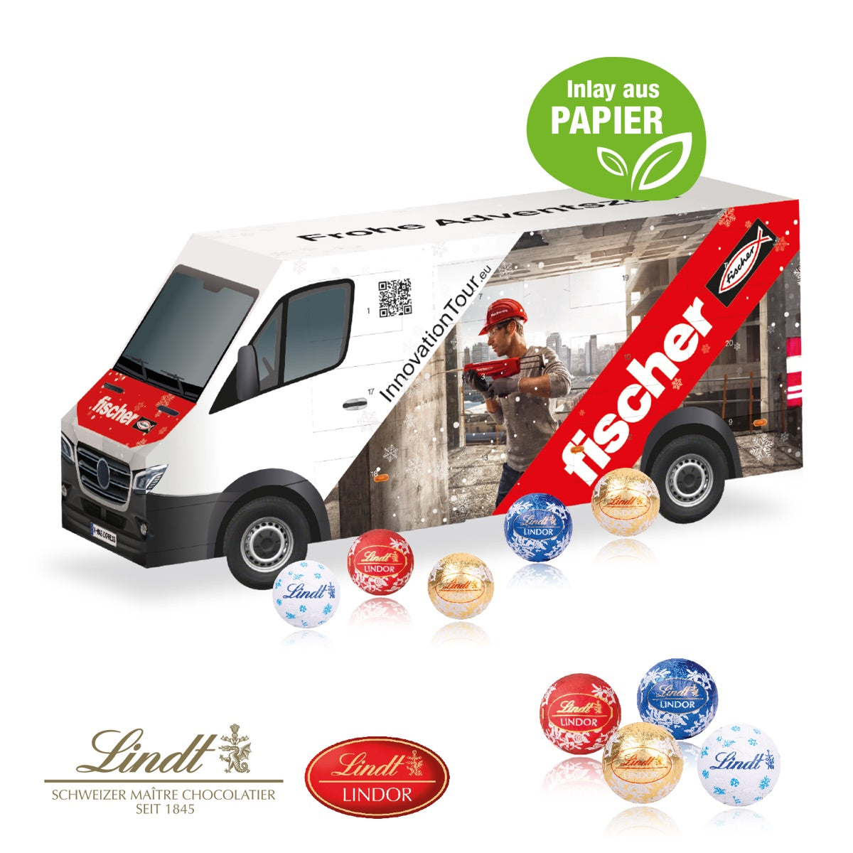 Bedruckter Adventskalender in Transporterform mit Firmenmotiv