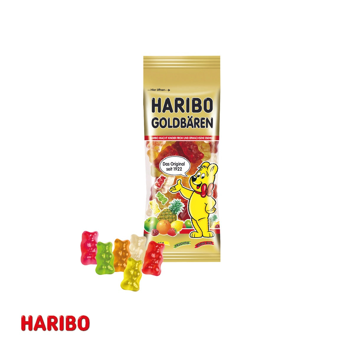 Beutel Haribo Goldbären als Füllung im bedruckten Präsent Bus