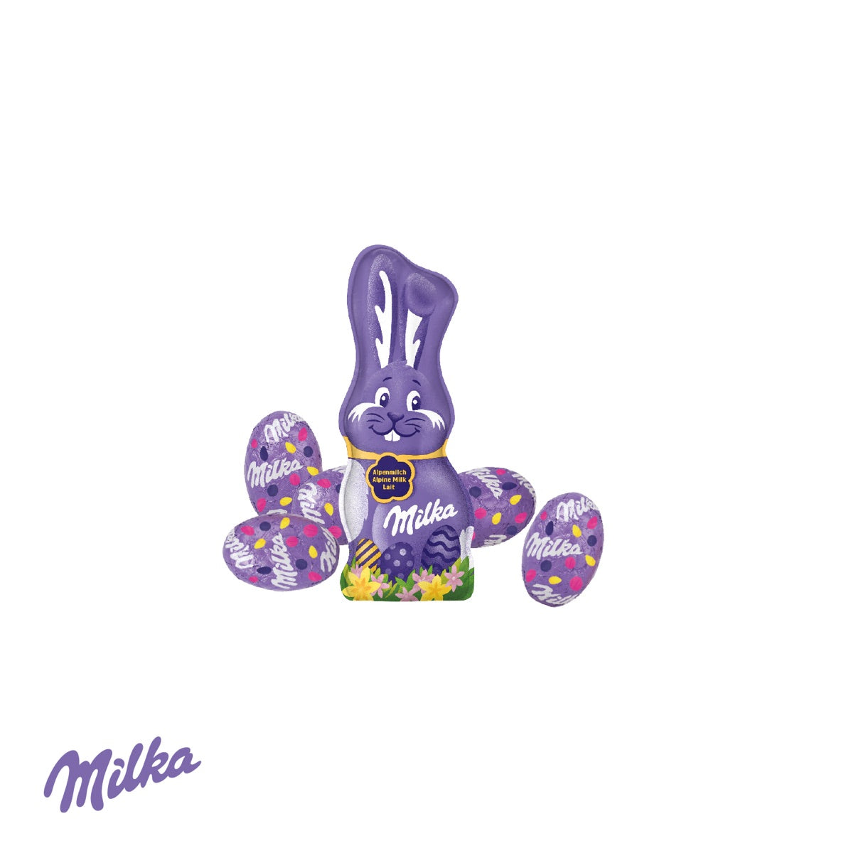 Container mit Milka Alpenmilch Eiern und Osterhase als Füllung
