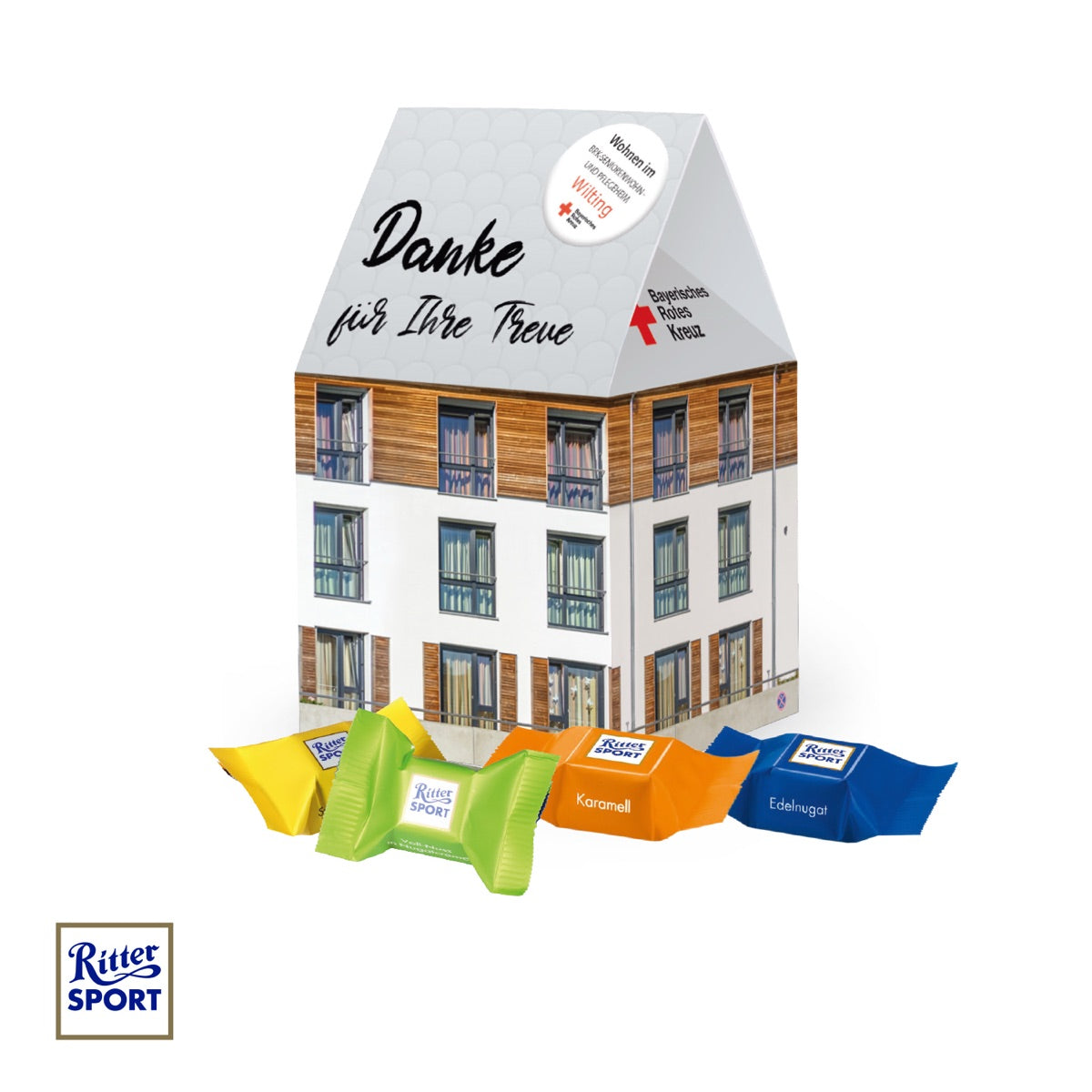 3D Präsent Haus mit Ritter SPORT Schokowürfel