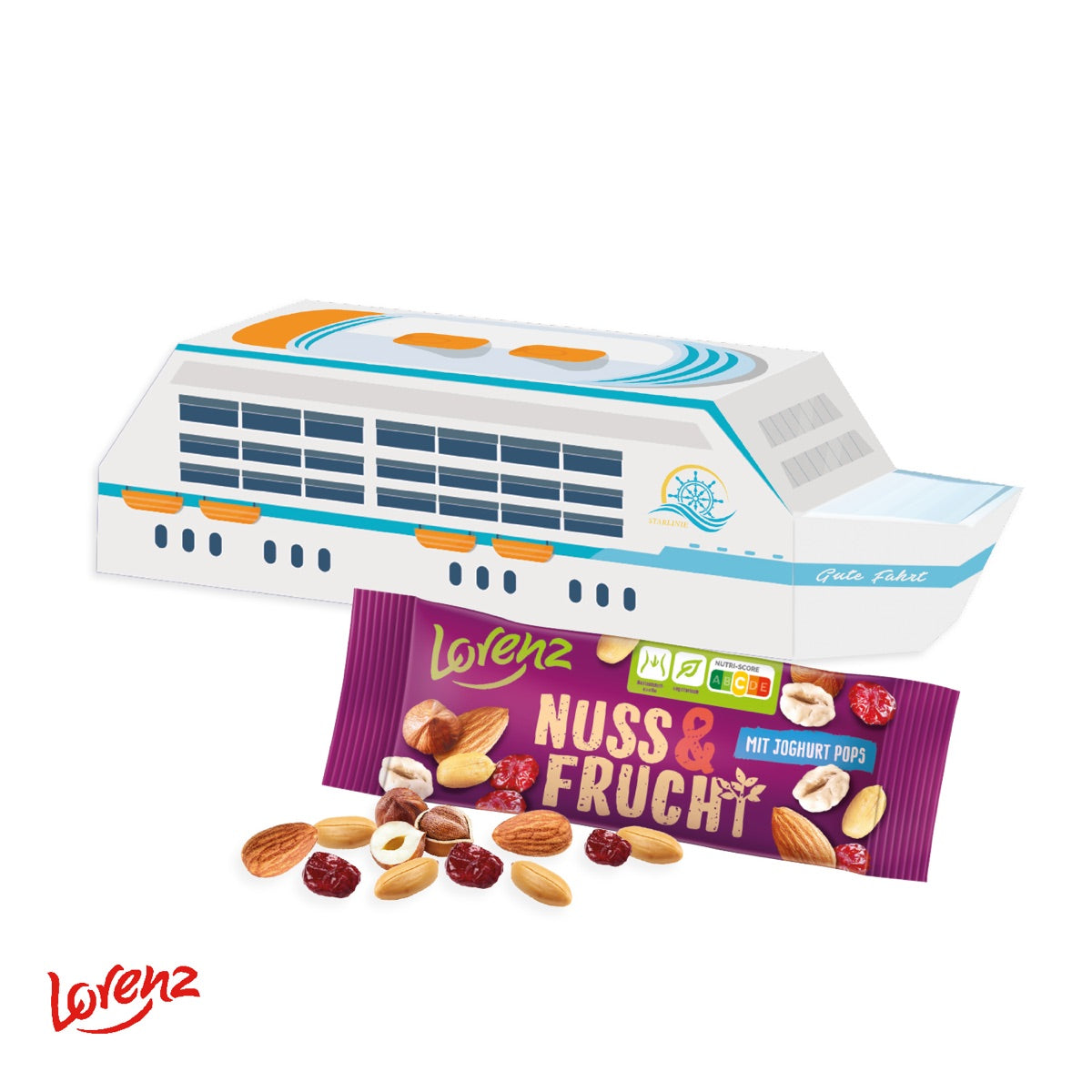 3D Präsent Schiff mit Lorenz Nuss & Frucht