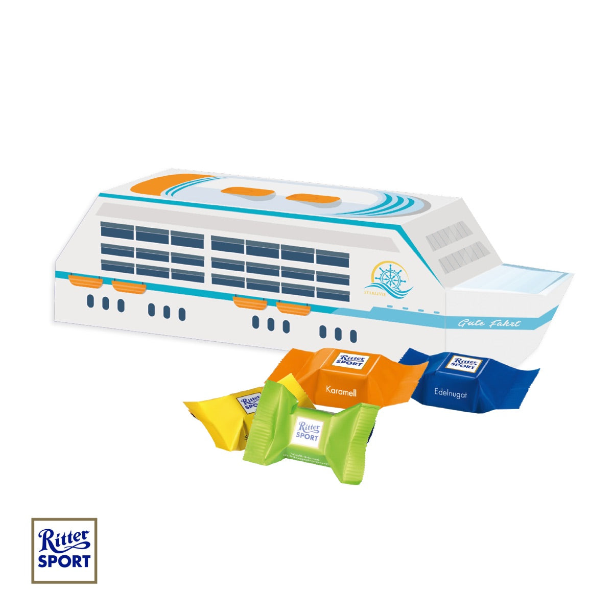 3D Präsent Schiff mit Ritter SPORT Schokowürfel