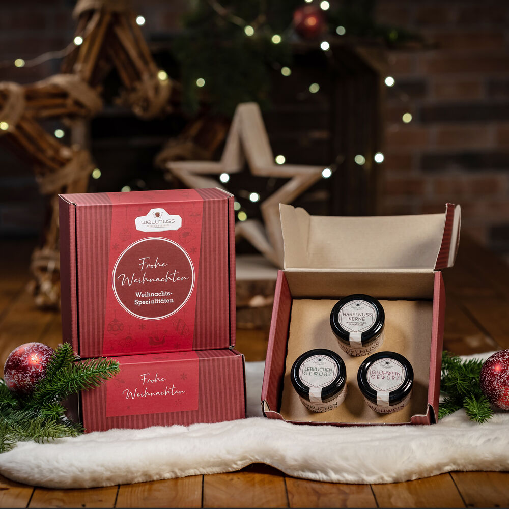 3er Geschenkset an Weihnachtsgewürzen in bedruckbarem Geschenkkarton