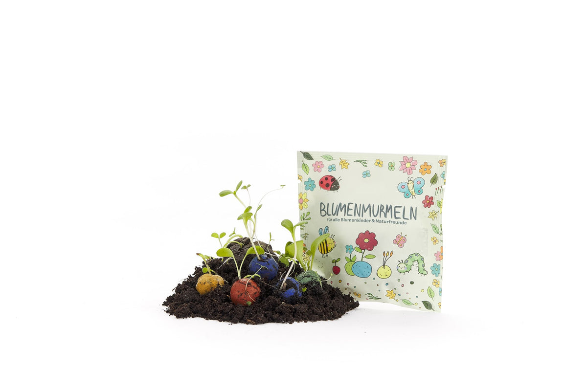 5 Blumenmurmeln im Siegelrandbeutel aus Papier bedruckt