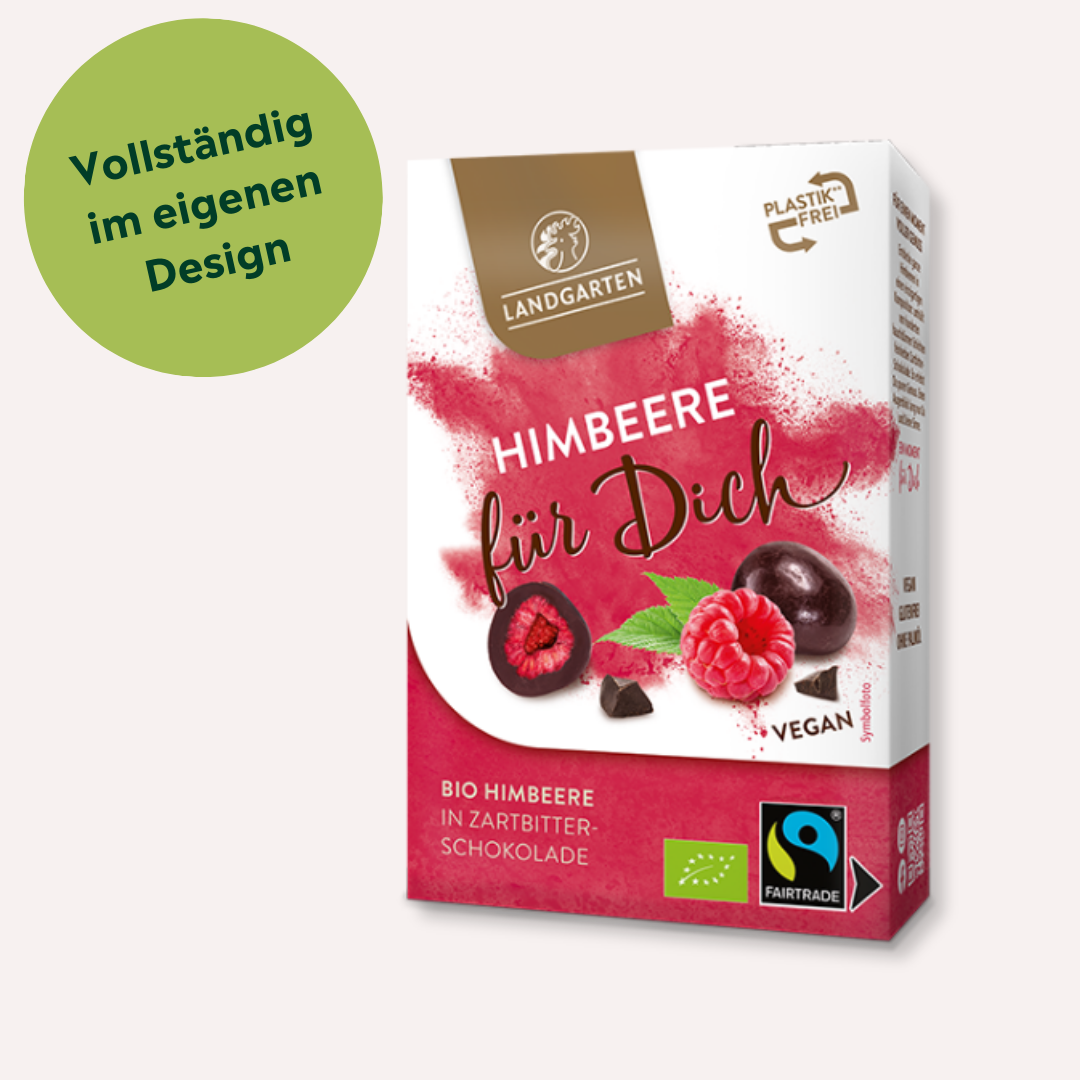 Himbeeren in Zartbitterschokolade individuell bedrucken lassen als Werbegeschenk