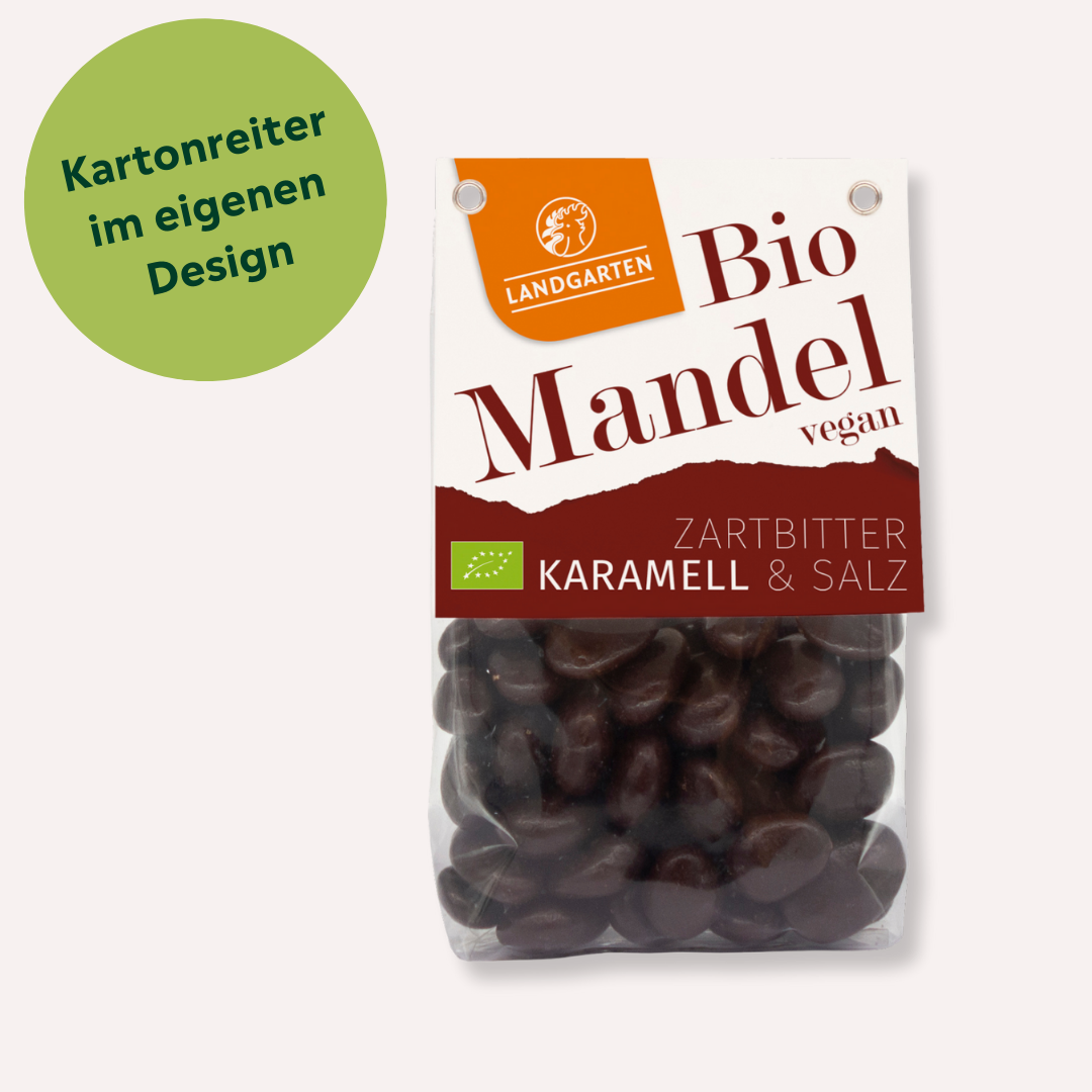 Mandeln in Zartbitterschokolade mit Karamell mit individuellem Kartonreiter bedrucken