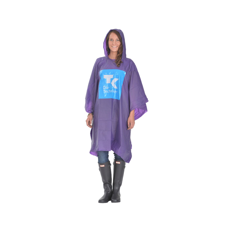 Regenponcho mit mehrfarbigem Druck, Logo und Claim auf der Front