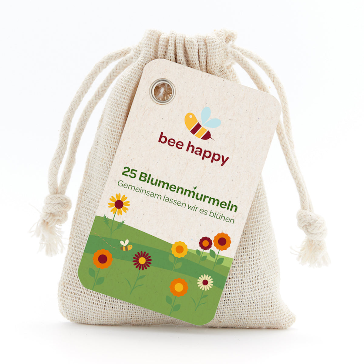25 Blumenmurmeln im Jutebeutel für dein Unternehmen mit Logo bedrucken.