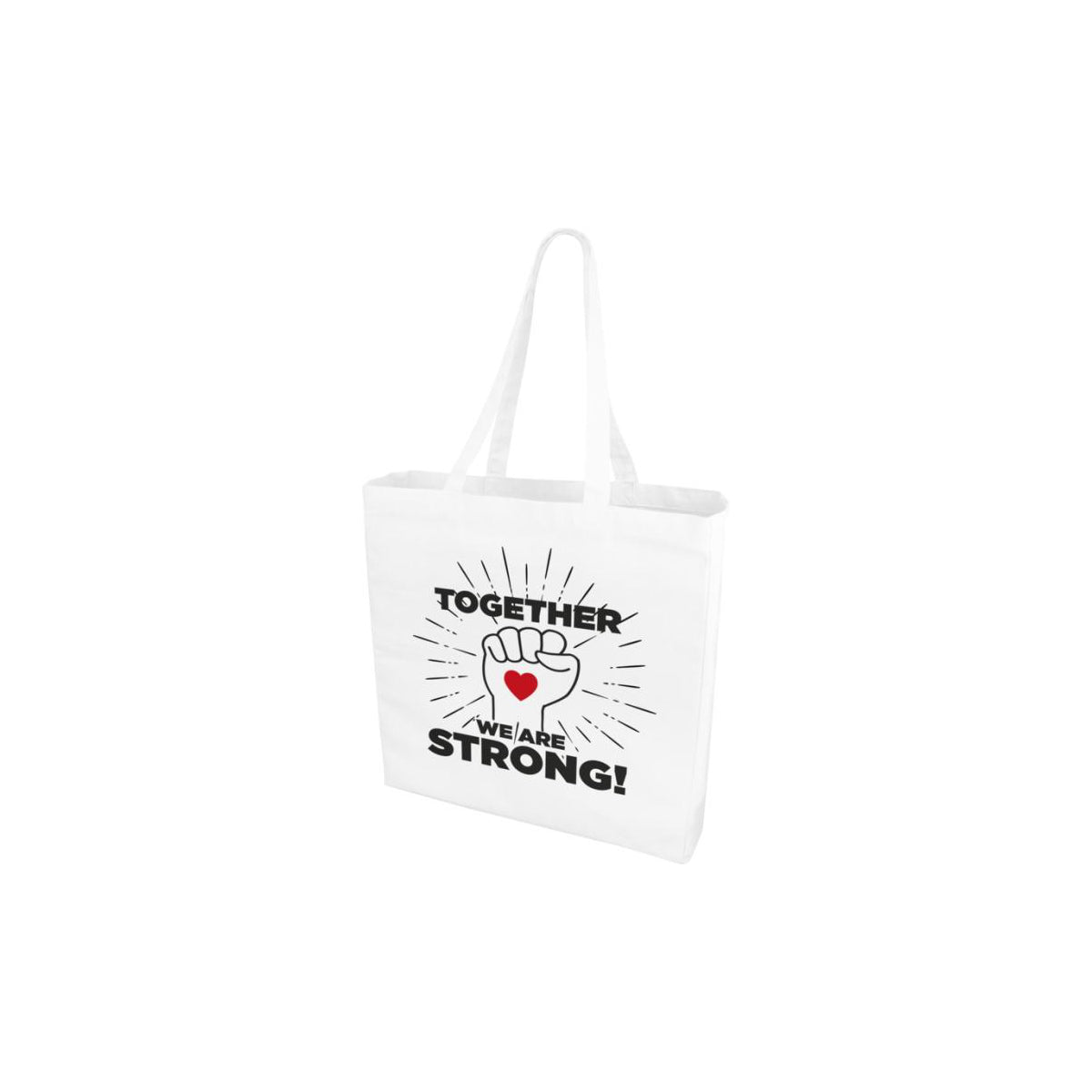 Baumwolltasche Odess in der Farbe weiss mit einem 4 farbigen Logo auf der Vorderseite mit zwei langen Henkeln