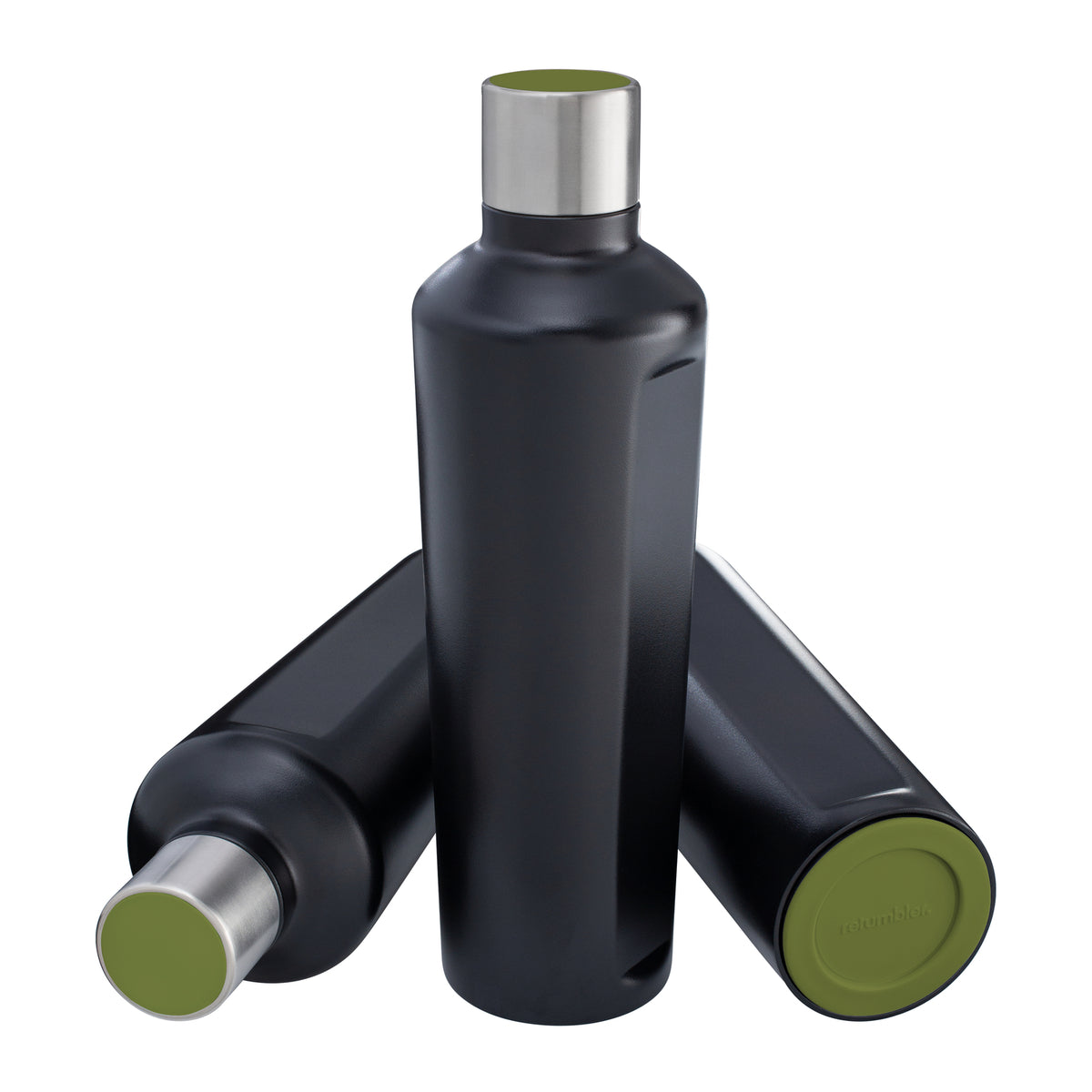 Flasche: schwarz, Deckel: olivgrün, Boden: olivgrün
