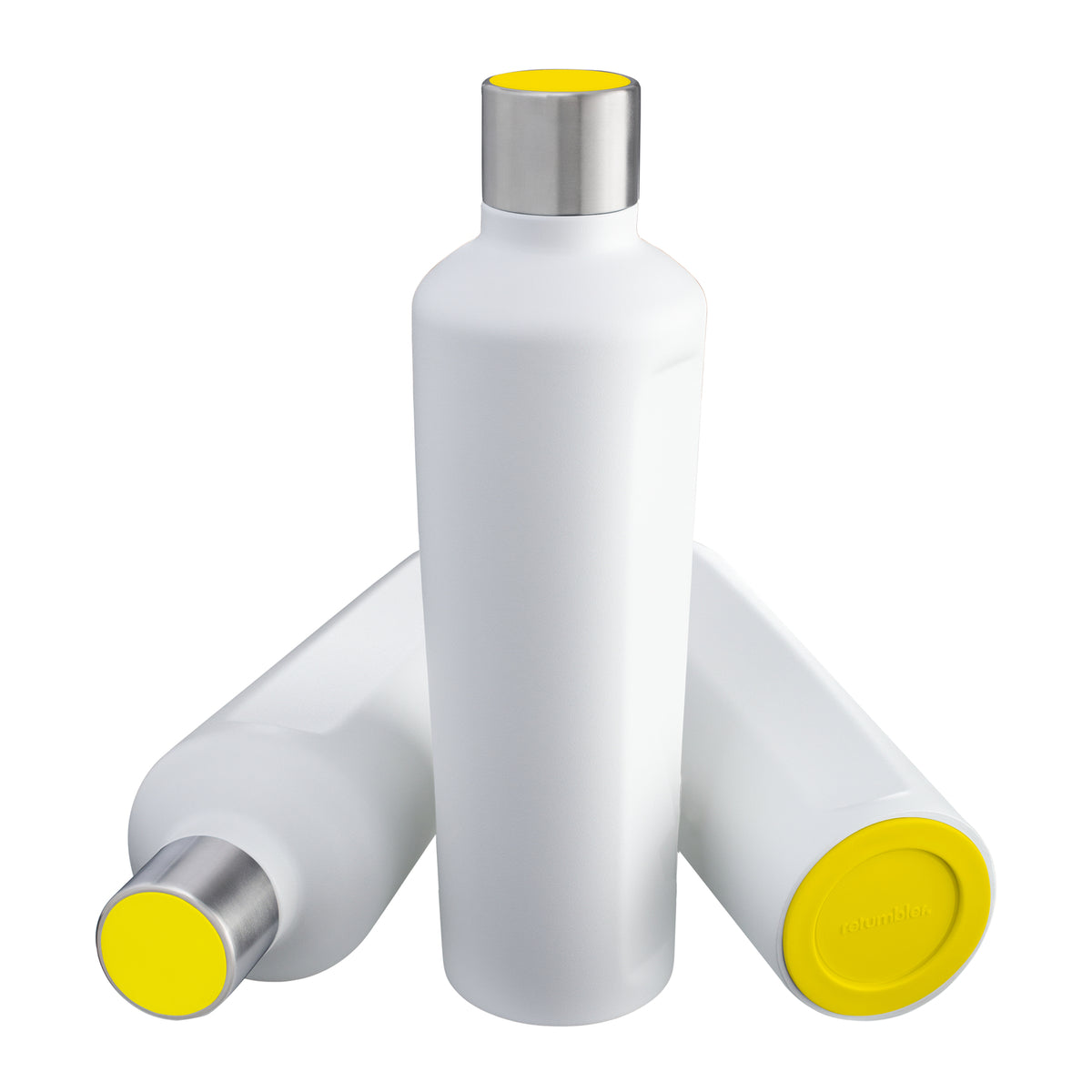 Flasche: weiß, Deckel: gelb, Boden: gelb