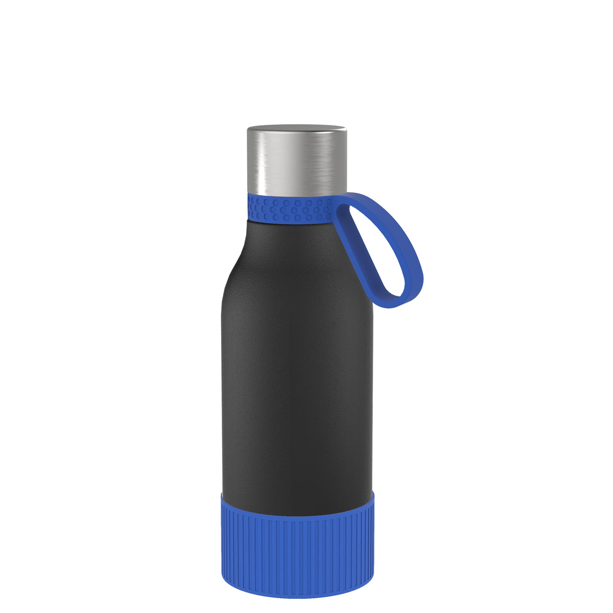Flasche: schwarz, Ring: blau, Hülle: blau
