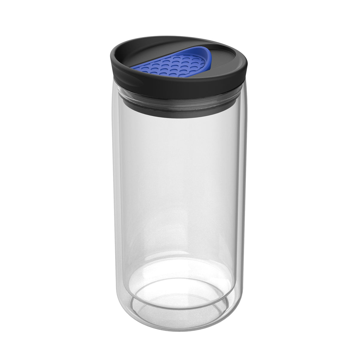 Becher: transparent, Deckel: blau