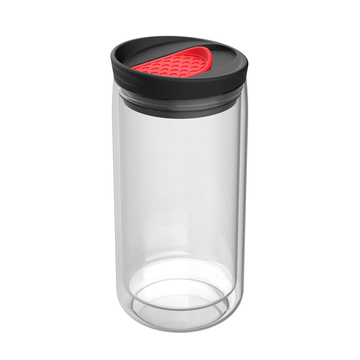Becher: transparent, Deckel: rot