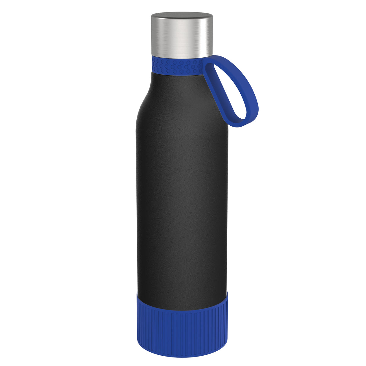 Flasche: schwarz, Ring: blau, Hülle: blau