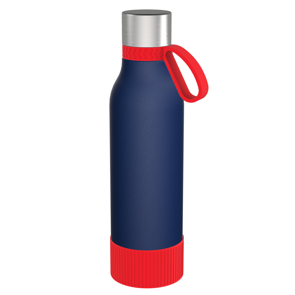 Flasche: blau, Ring: rot, Hülle: rot