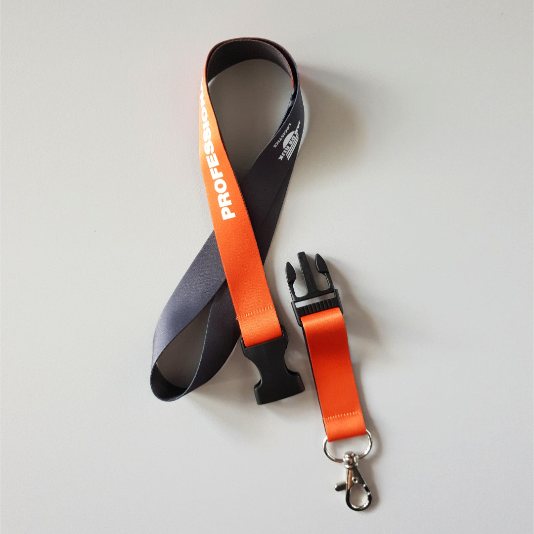 Lanyard mit vollflächigem Druckmotiv, Steckschließe und Karabiner