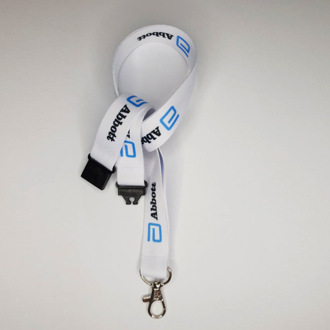 Lanyard mit vollflächigem Druckmotiv, Sicherheitsverschluss im Nacken und Karabiner
