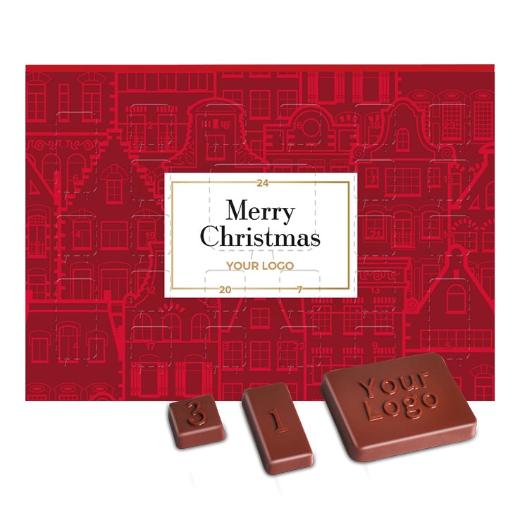 Adventskalender 24 Türchen mit Logo auf der letzten Schokolade