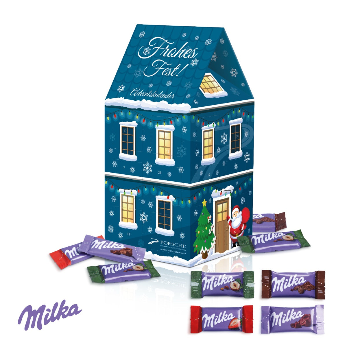 Adventskalender in Form eines hohen Weihnachtshauses mit Werbedruck