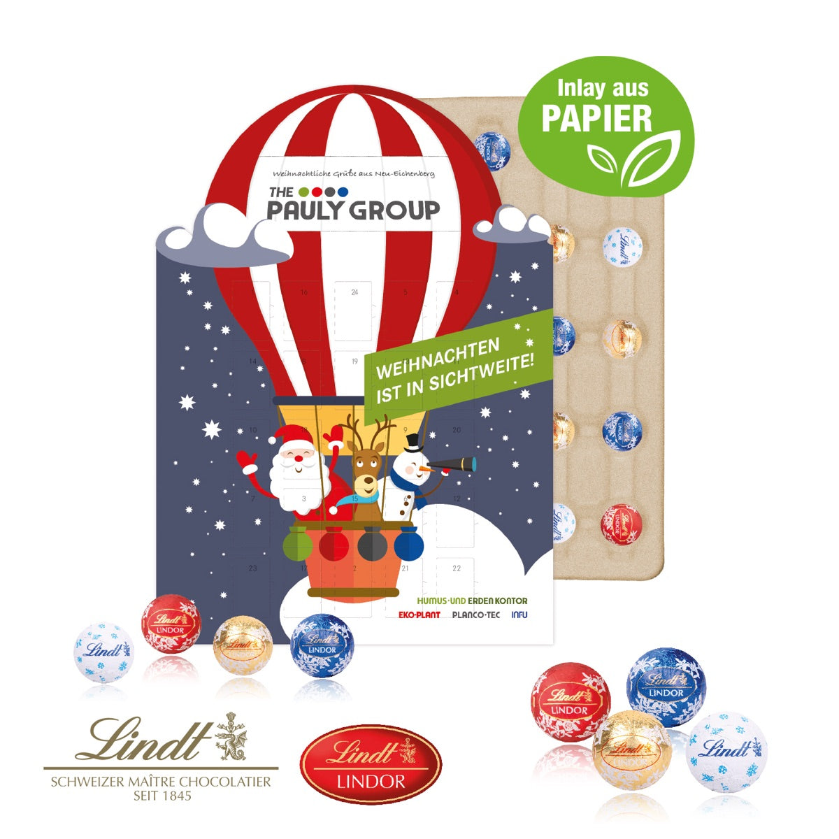 Adventskalender individuelle Kalenderform mit Lindt Schokolade, Inlay aus Papier