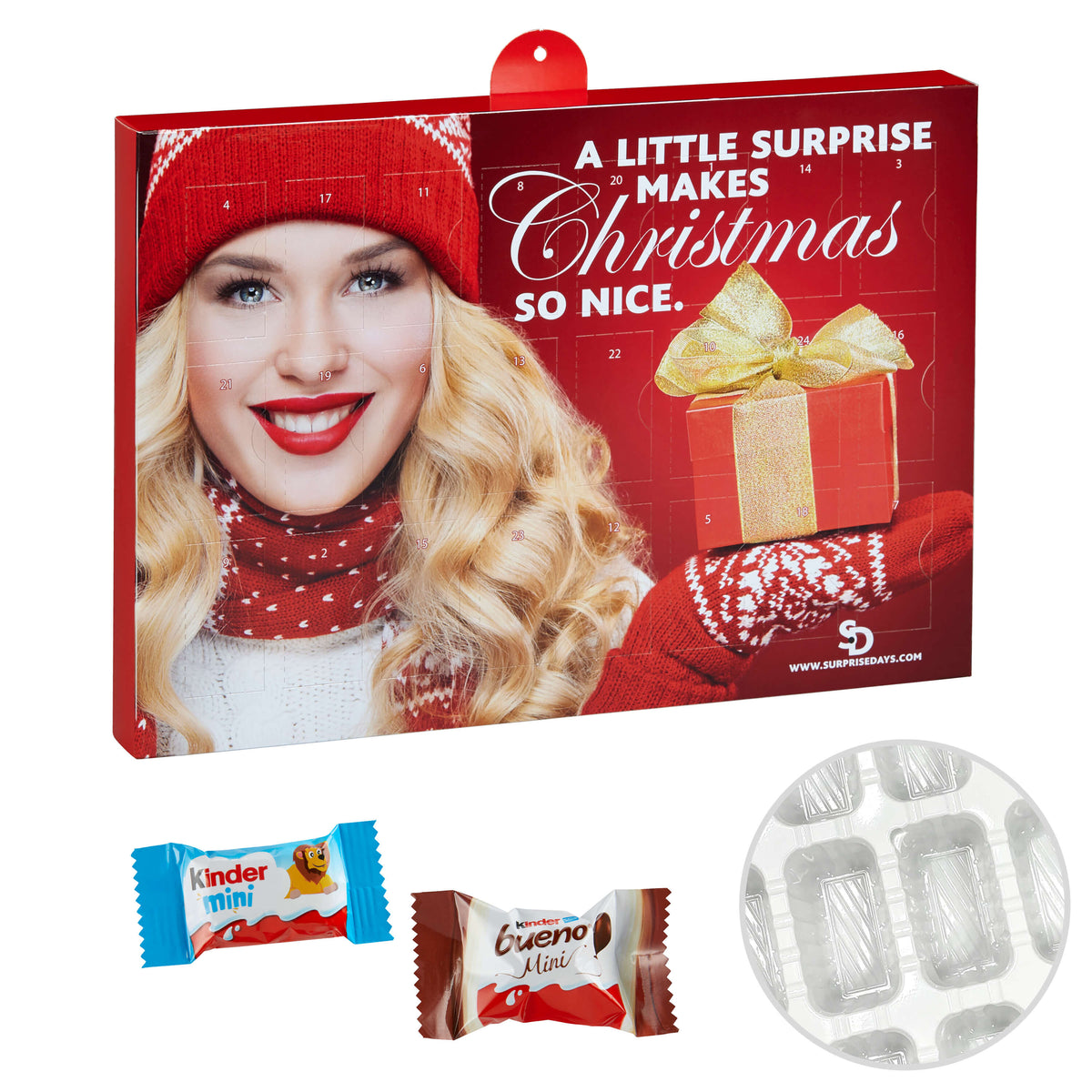 Adventskalender quer mit Kinder bueno Mini und Kinder Schokolade Mini, Vorderseite mit Werbemotiv