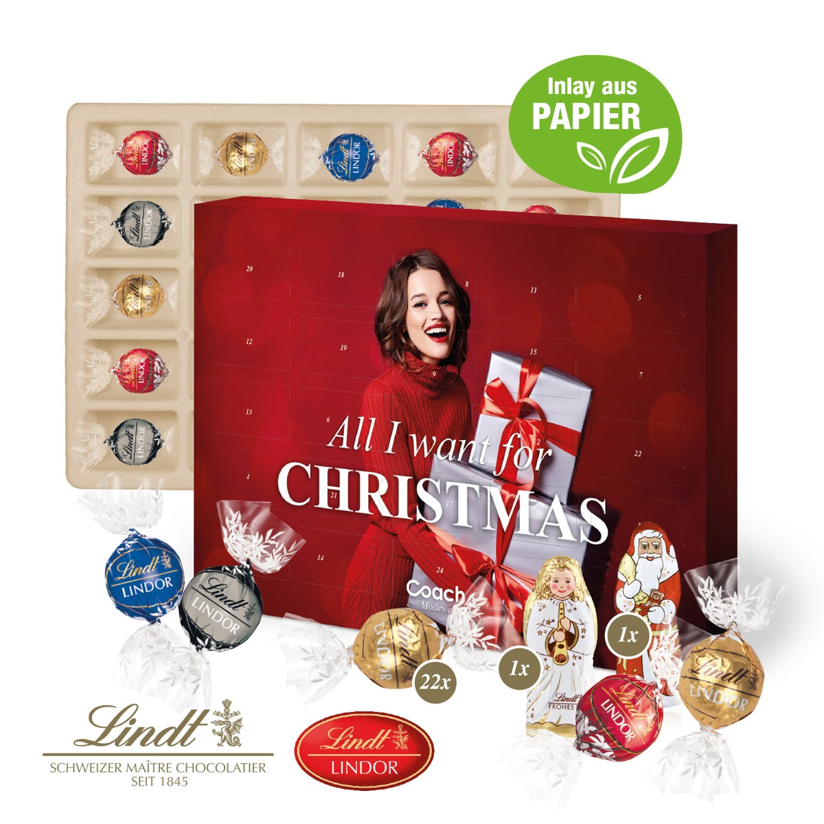 Adventskalender Lindt Lindor mit Santa & Engel, Inlay aus Papier