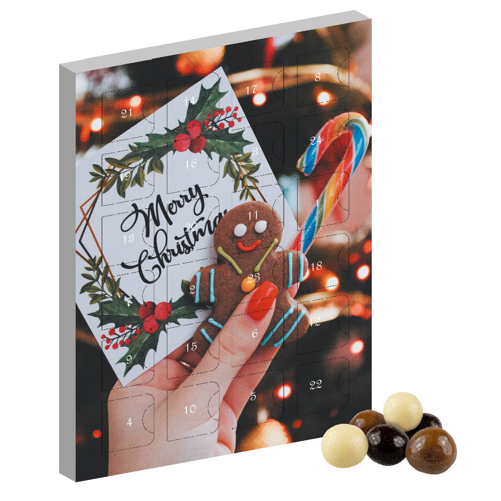 Adventskalender Mini im Hochformat mit Knusperkugeln