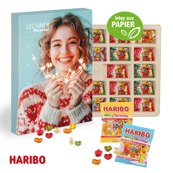Adventskalender mit Haribo Fruchtgrummi, Inlay aus Papier mit Logo bedrucken
